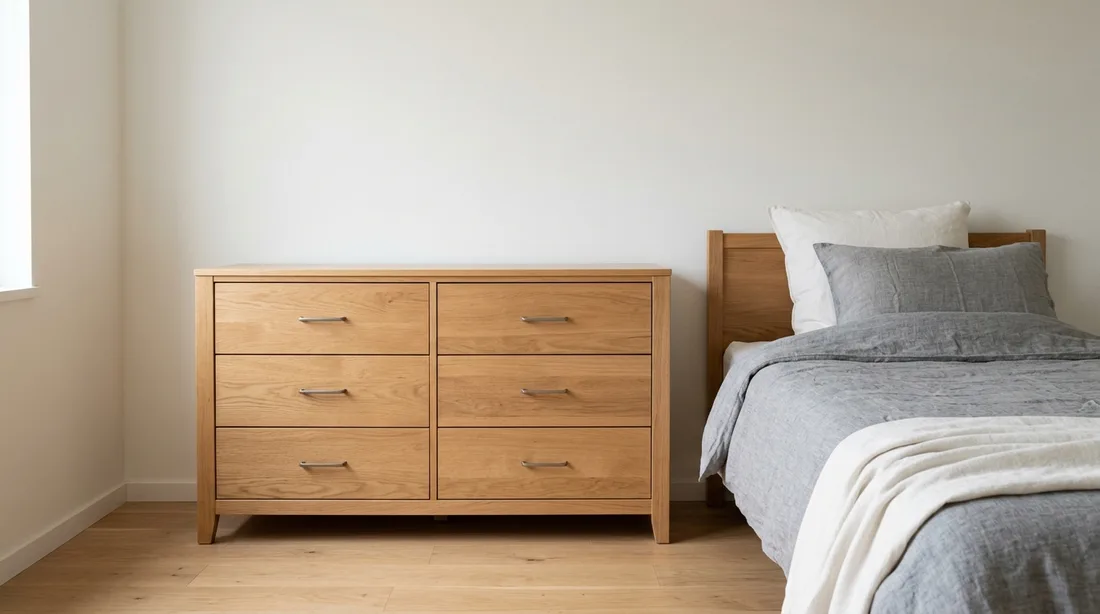 Kommode mit sechs Schubladen an der Wand eines Schlafzimmers neben dem Bett